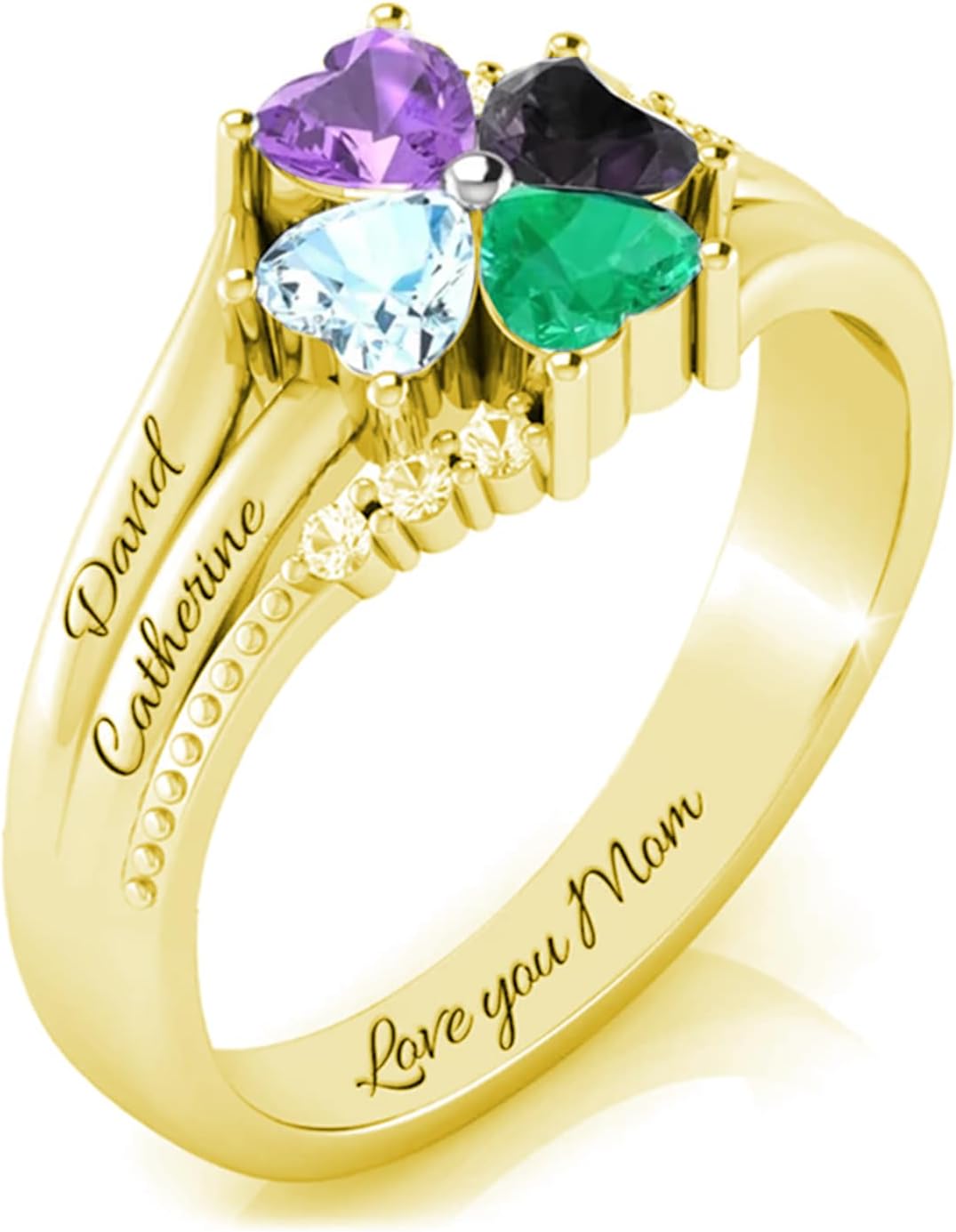 10K 14K 18K Gold Personalized Birthstone Rings for Women Custom 1-4 Names Heart Promise Ring Engraved Engagement Ring Birthday Jewelry Gift for Mom Wife
