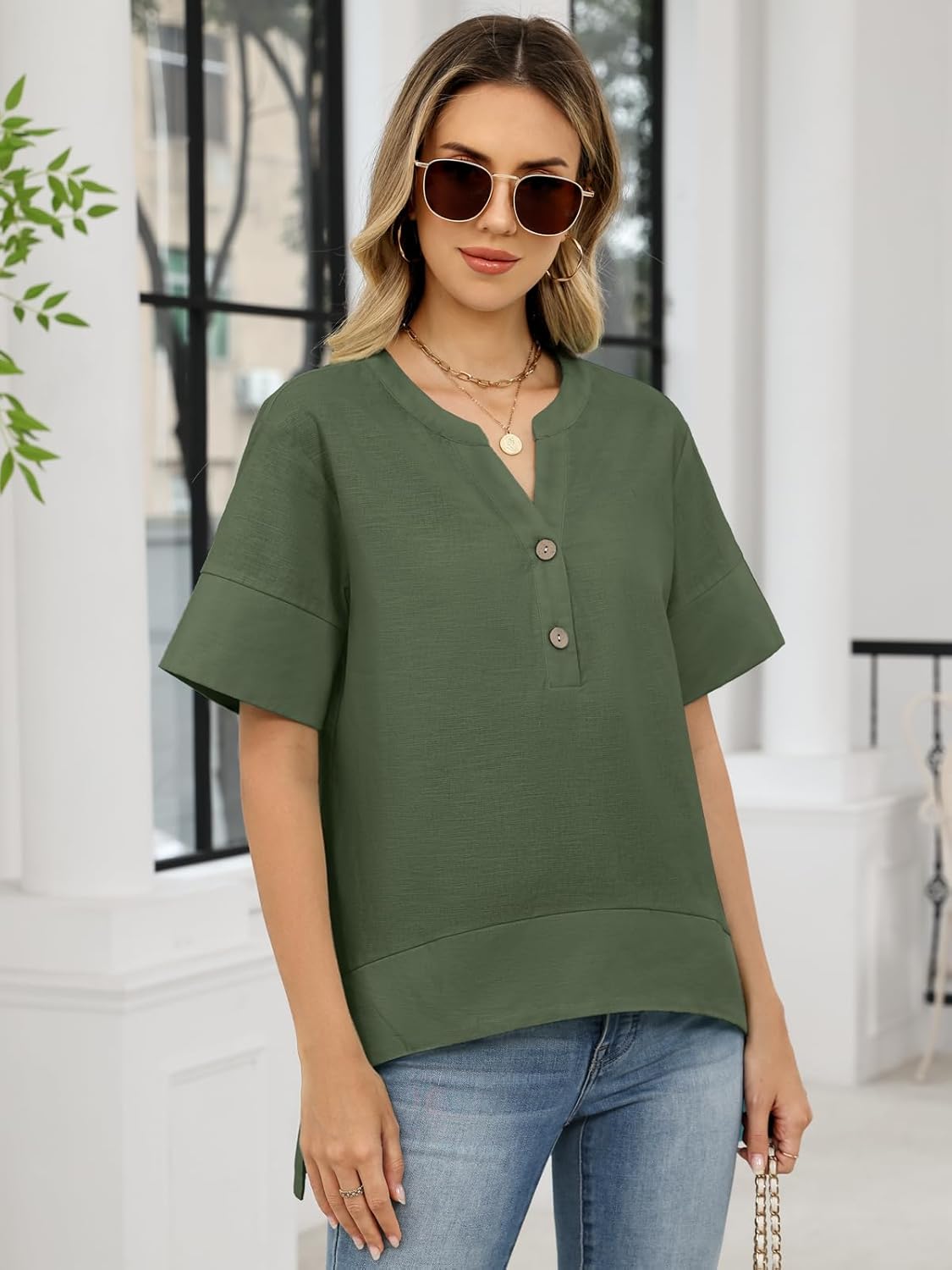 Celmia Womens Summer Tops Cotton Linen Short Sleeve V Neck Shirts Loose Fit Blouses Dressy Casual Tunic - Image 6
