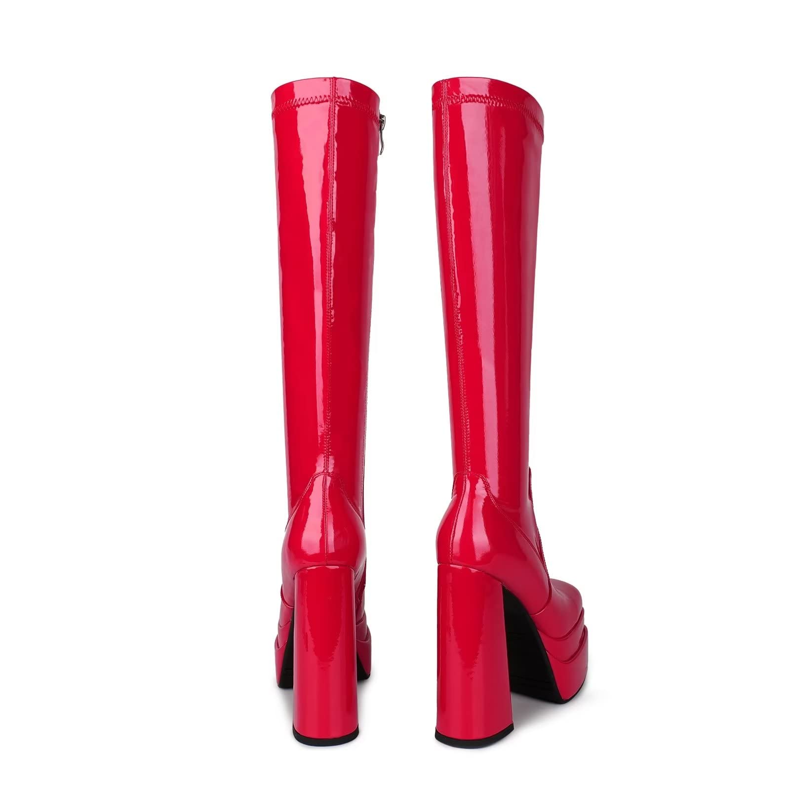wetkiss Platform Knee High Boots Women Chunky Heel Gogo Boots with Full Side Zipper-Stretchy Party Festival Boots for Cosplay, Costume, Halloween & Costume Events-Not for Wide Calf: 9 Patent Red