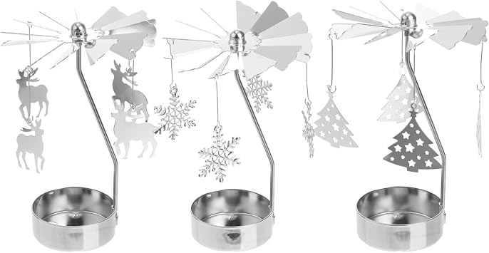 Zerodeko 3pcs Rotary Candle Holder, Christmas Tree Snowflake Reindeer Metal Spinning Windmill Candlestick Carousel Candle Tea Light Holder for Christmas Home Tabel Centrepieces Decor