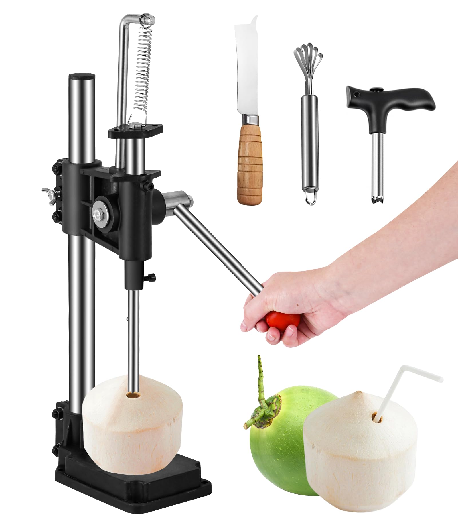 Coconut Opener Machine Coconut Hole Puncher Manual Coconut Press with Coconut Meat Remover&Coconut Knife, Coconut Opening Tool for Young/Tender Coconut