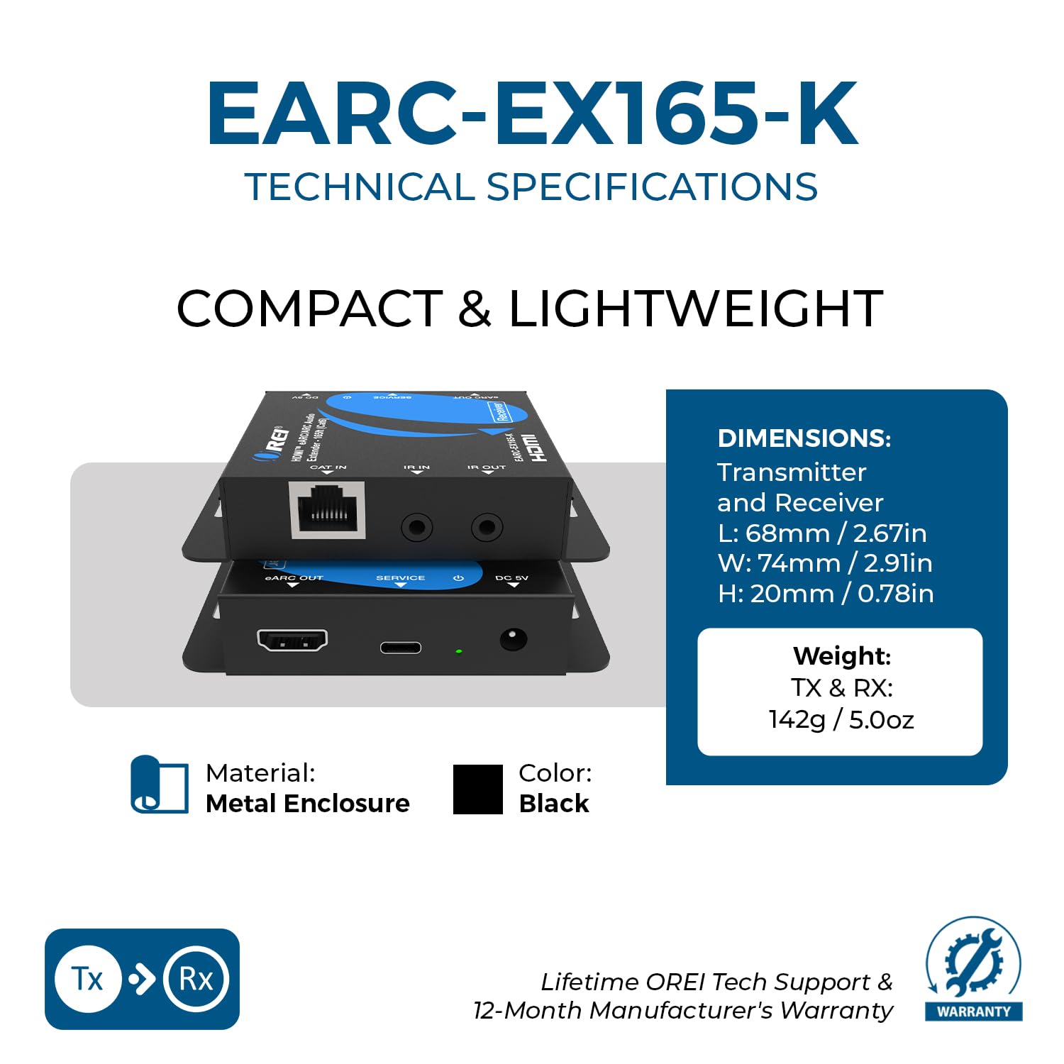OREI eARC & SPDIF Audio solo HDMI Extender Balun su singolo CAT5e/6/7 ARC Audio Return Canali attraverso HDMI fino a 165 Ft - PoC, CEC Contol