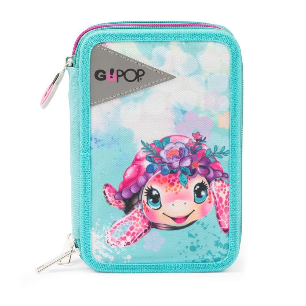 Go Pop - Astuccio Triplo Scuola Turtle Bloom Con 3 Zip E 3 Scomparti, Contiene 18 Matite Colorate, 18 Pennarelli e altri Pratici Oggetti per la Scuola,13 l x 19,5 h x 6,5 p