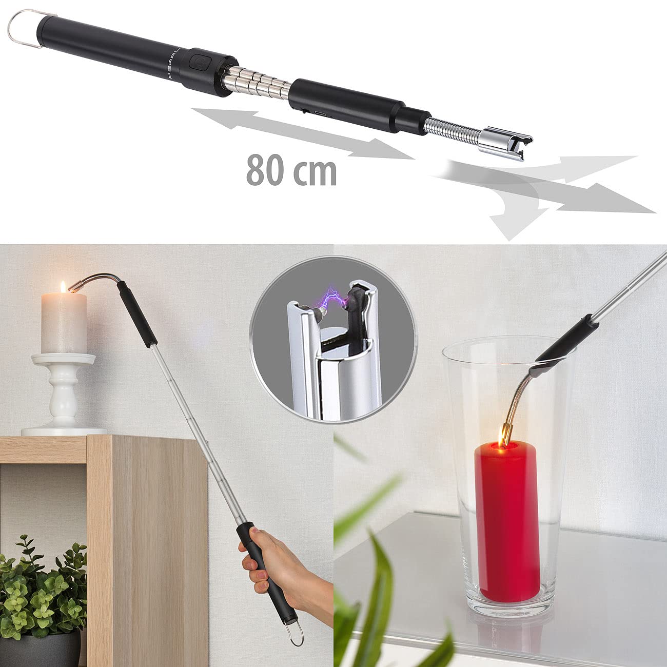 PEARL Lichtbogenfeuerzeug: 2er-Set ausziehbare Teleskop-Akku-Feuerzeuge, USB-Ladefunktion, 80 cm (Feueranzünder, Elektrischer Kerzenanzünder, BBQ)
