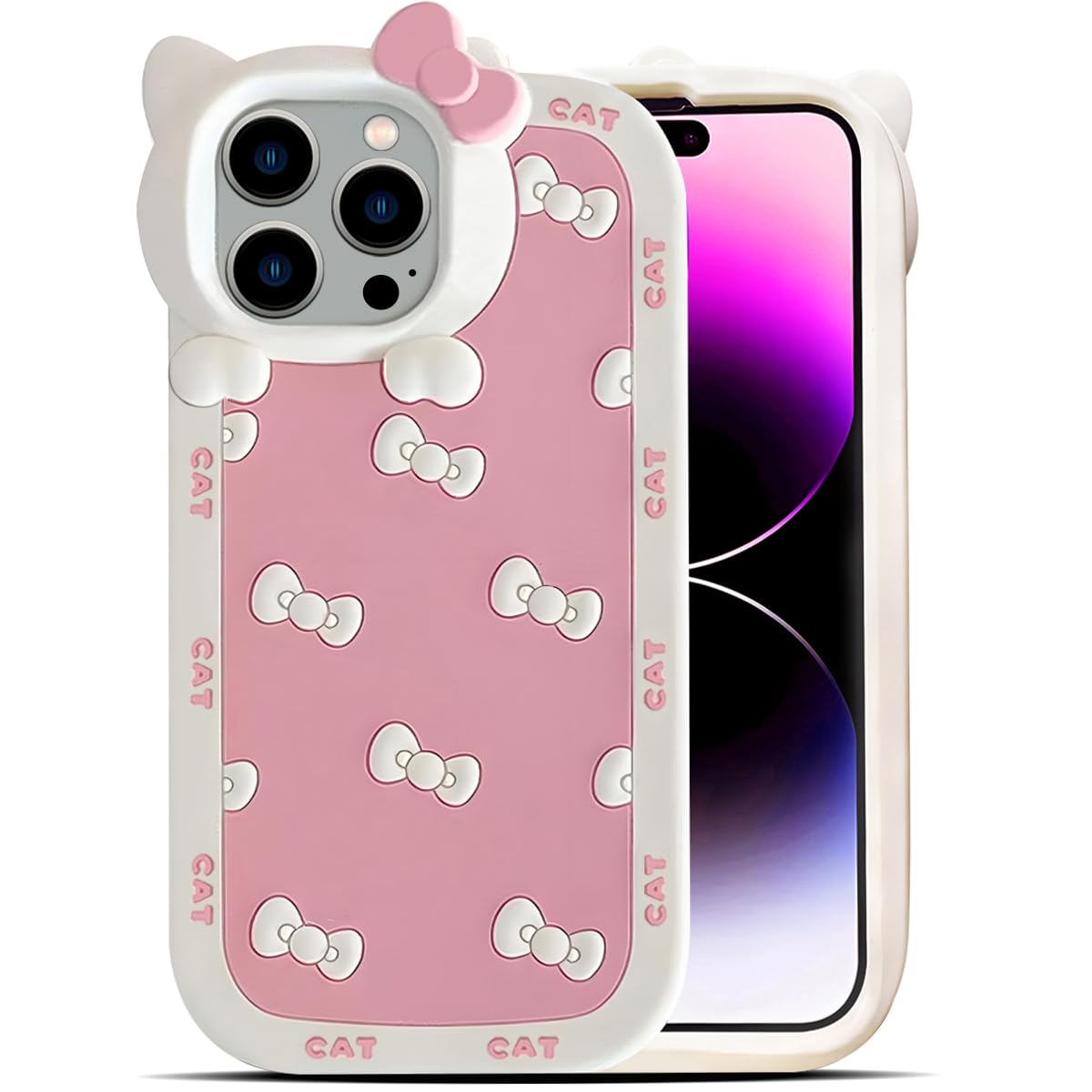 Cute Case for iPhone 16 Pro Max 6.9'', Pink Kawaii Funny 3D Bow Cartoon Silicone Cat Phone case, Soft Shockproof Classic Protective Cover for Women