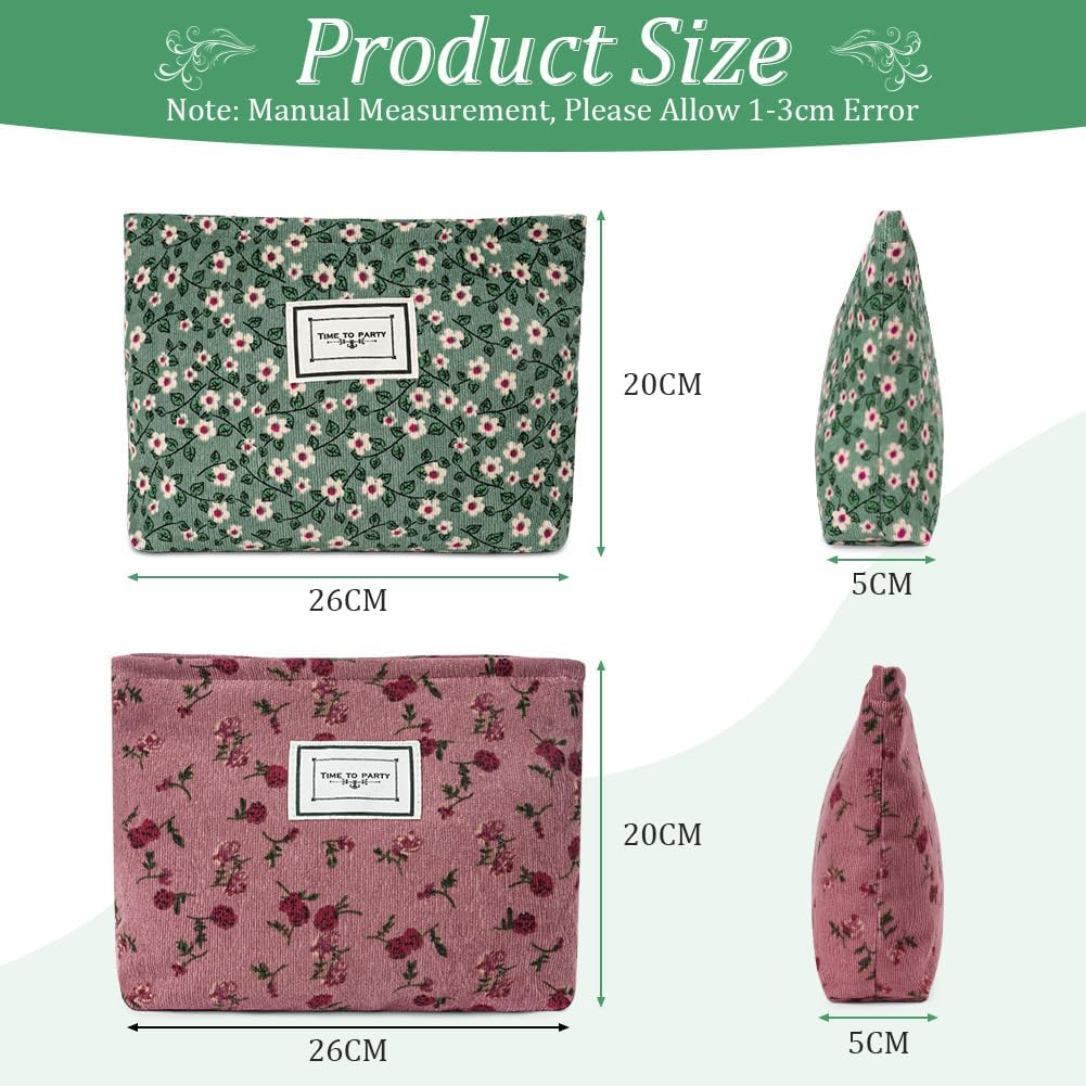 Aucuu Cosmetic Bags, 2 Pcs Small Floral Canvas Cosmetic Bag, Rose Flower Printing Corduroy Toiletry Bag - Image 2