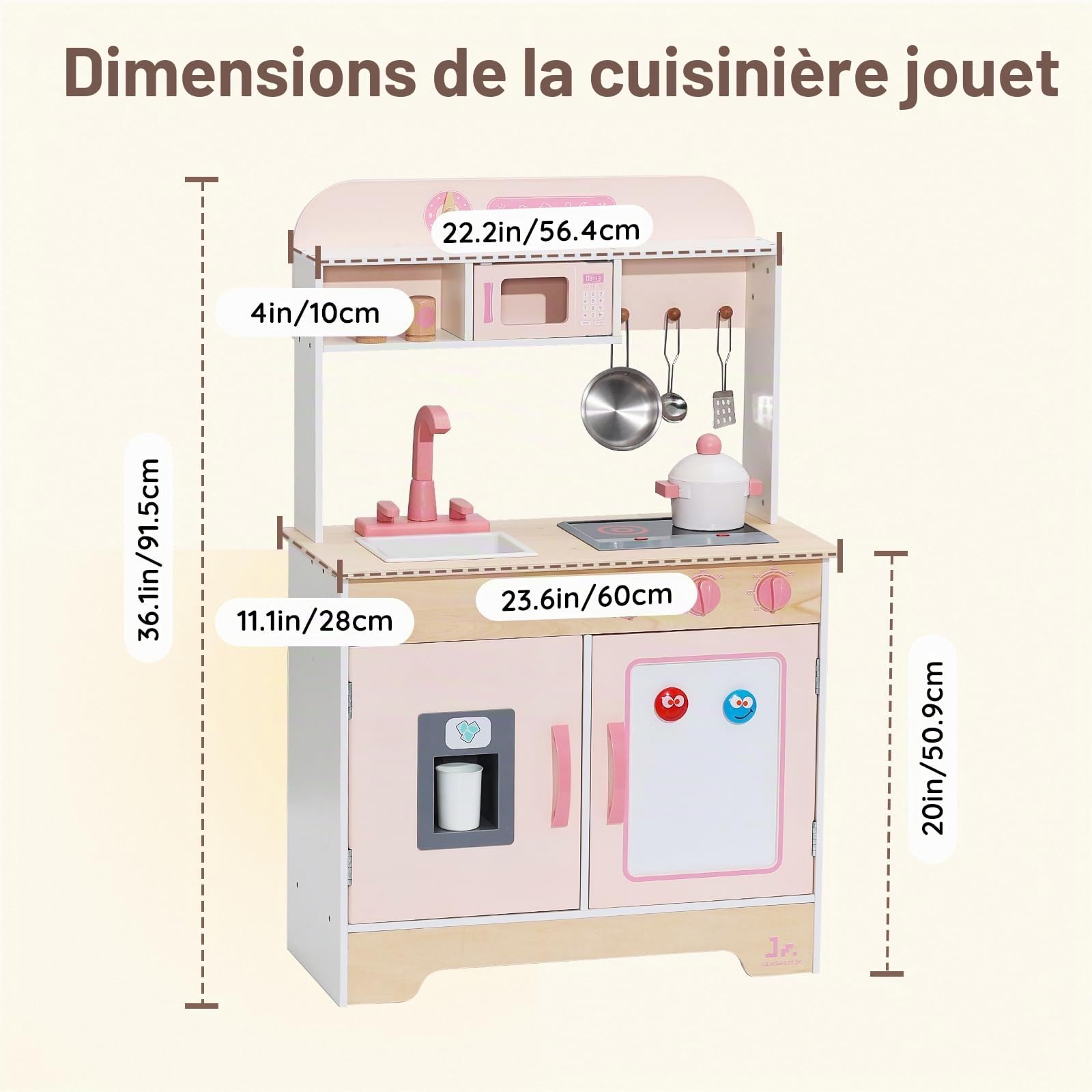 SainSmart Jr. Cuisine de jeu en bois pour enfants – Ensemble de cuisine de qualité supérieure pour tout-petits – Comprend une cuisinière, un réfrigérateur et des accessoires pour filles, rose