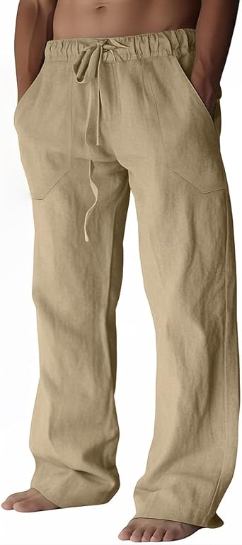 Puimentiua Mens Linen Trousers Casual Loose Fit Elasticated Waist Trousers | Men Summer Beach Pants with Large Pockets, Cotton Chinos Trousers Men