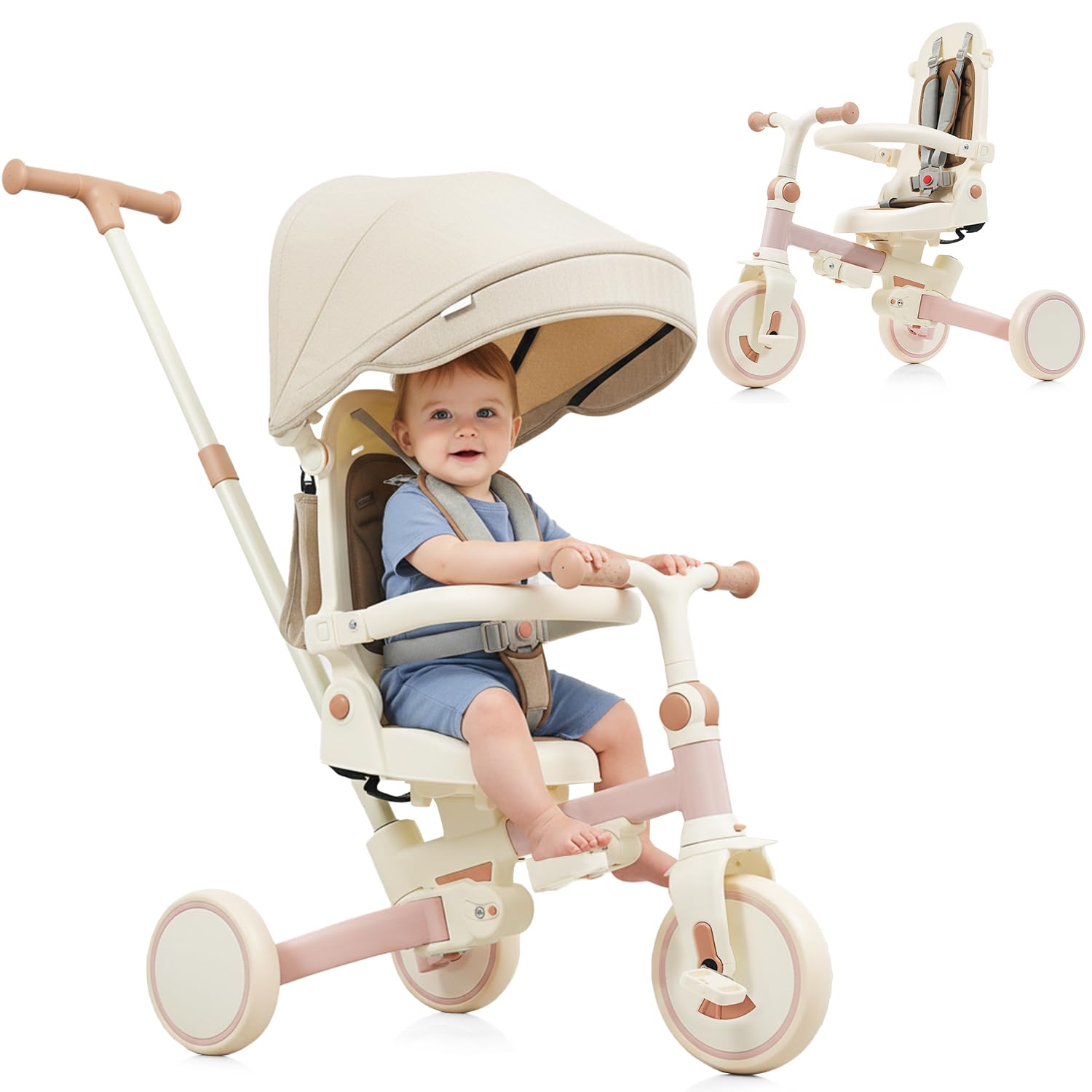 Toddler Tricycle, 7 in 1 Folding Kids Trike for 1-6 Years Old Boys and Girls Gift, Balance Bike with Removable Pedal, Canopy, and Guardrail,