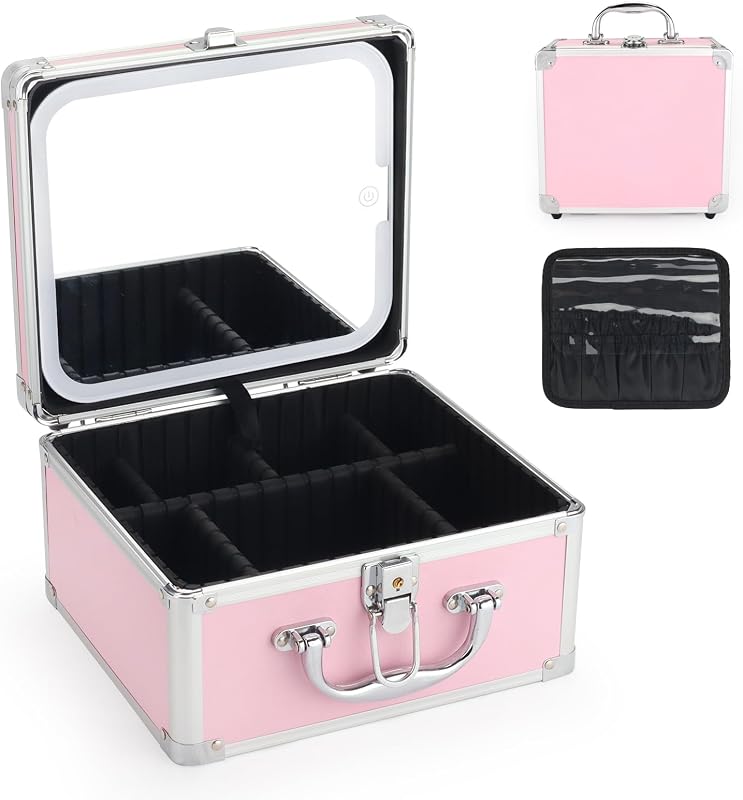 Maleta de maquiagem HAISKY com espelho LED removível, divisórias ajustáveis e fechadura, rosa-gelo