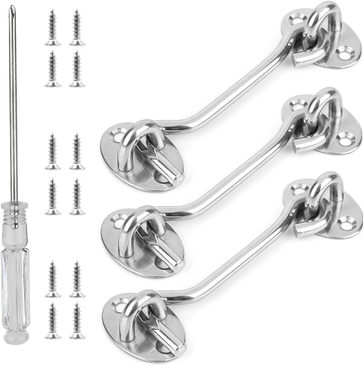 WBCBEC 3 Pieces 4 Inch Cabin Hook Eye Latch Solid Thicken Eye Hook Latch Stainless Steel Barn Door Latch Window Gate Latch with Mounting Screws and Screwdriver for Closet Window Sliding Door Sheds