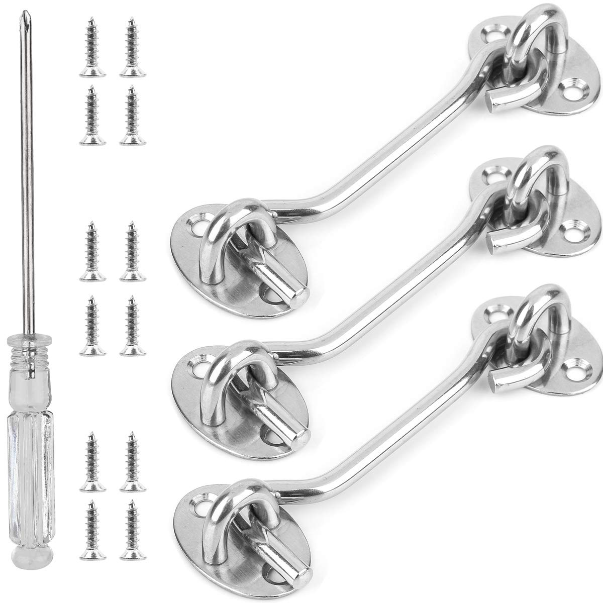 WBCBEC 3 Pieces 4 Inch Cabin Hook Eye Latch Solid Thicken Eye Hook Latch Stainless Steel Barn Door Latch Window Gate Latch with Mounting Screws and Screwdriver for Closet Window Sliding Door Sheds