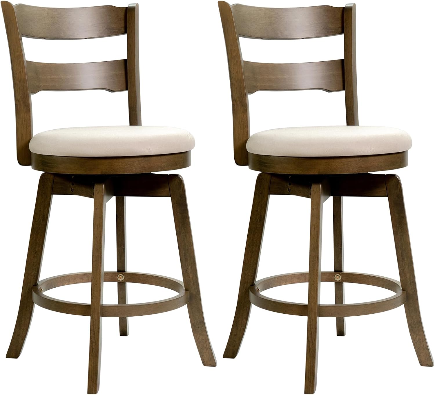 COSTWAY 25” Swivel Counter Barstools Set of 2, 360° Rotating Counter Height Chairs with Backrest & Upholstered Seat, Rubber Wood High Top Seats with Footrest for Dining Room, Kitchen Island (2,25")