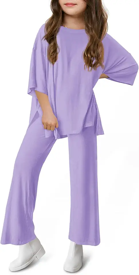 Haloumoning Girls Clothing Sets Summer Oversized T Shirts and Wide Leg Pants Kids Fashion 2 Piece Outfits 4-14 Years