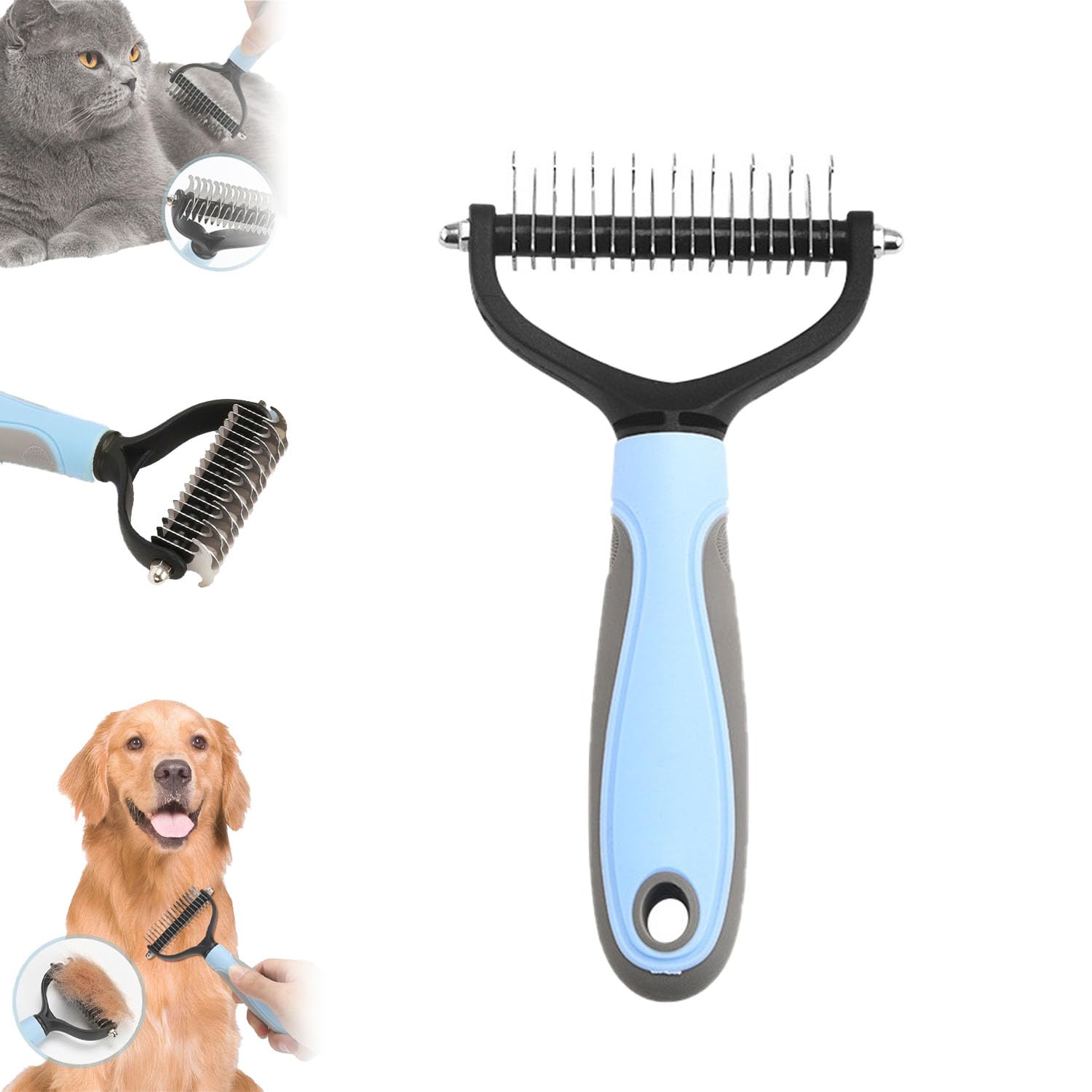 Pawmingle Cat Brush, Pawmingle Cat Grooming Brush, Cat Deshedding Brush, Double Sided Deshedding Brush for Pet, Undercoat Rake for Dogs and Cats (Blue, L)