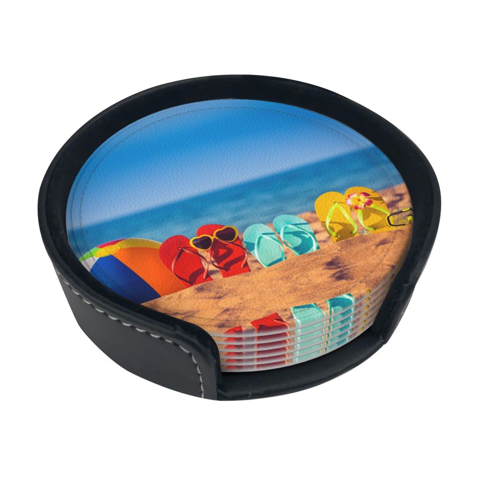 Alteko Flip-Flops On A Sandy Beach Coasters Set Of 6 Print Leather Coasters For Drinks,Home Décor And Housewarming Gift
