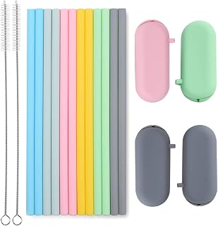 Sunseeke Reusable Silicone Straws 12 Pack - Food Grade Platinum Silicone, Odorless 8.5 Inch with 4 Cases & 2 Brushes, Kid Safe