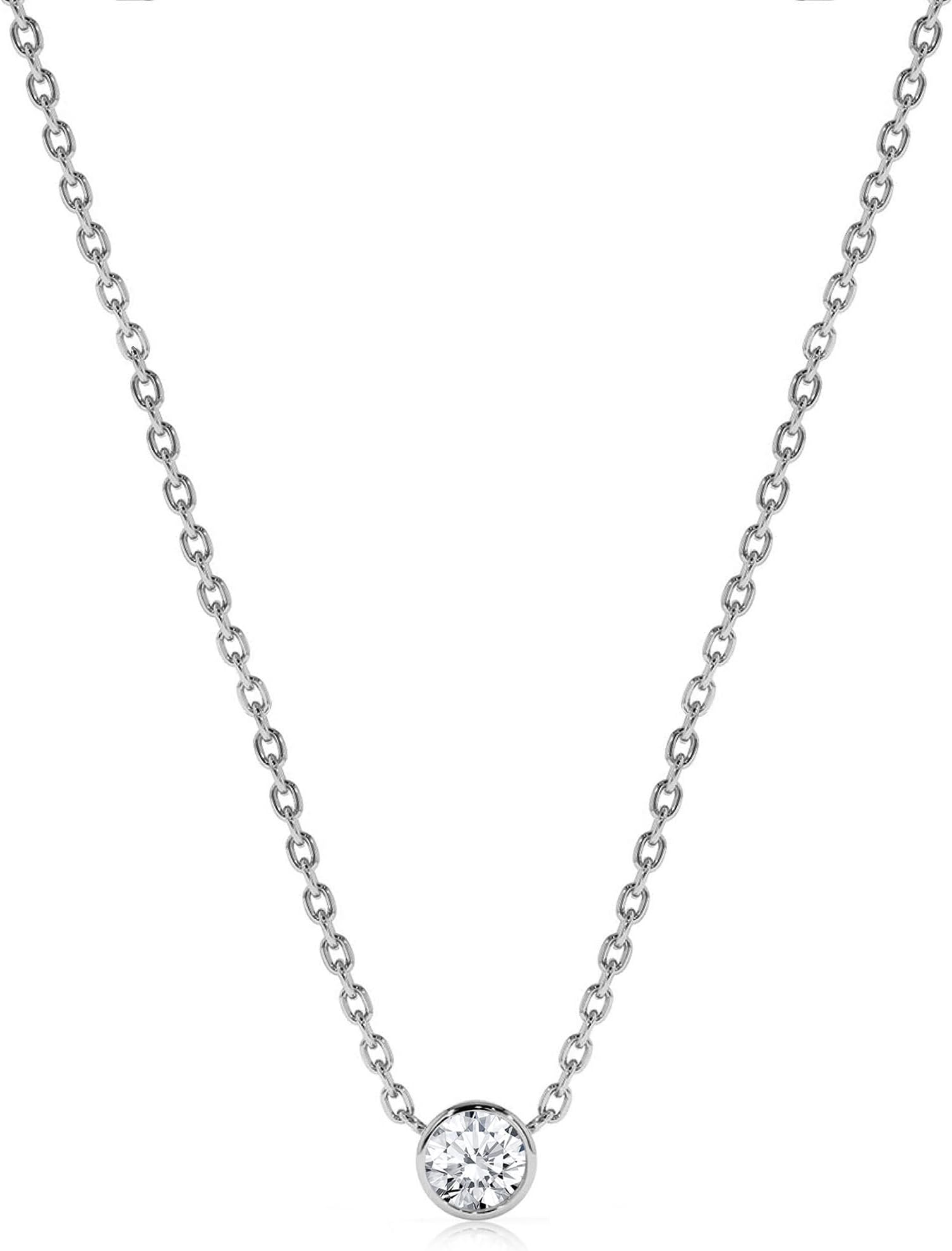 Round Cut White Diamond Double Layer Drop Necklace For Women, 14K White Gold Plated Silver April Birthstone Diamond Chain Necklace
