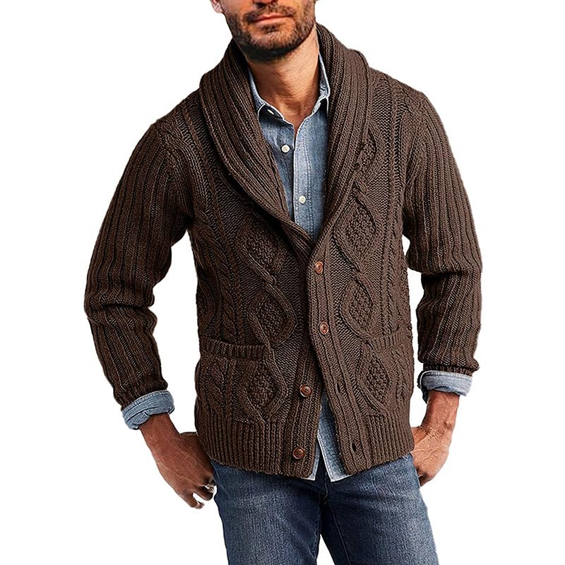 Mens Vintage Shawl Collar Pocket Cardigan Loose Long Sleeves Button Down Cable Knitted Sweaters3