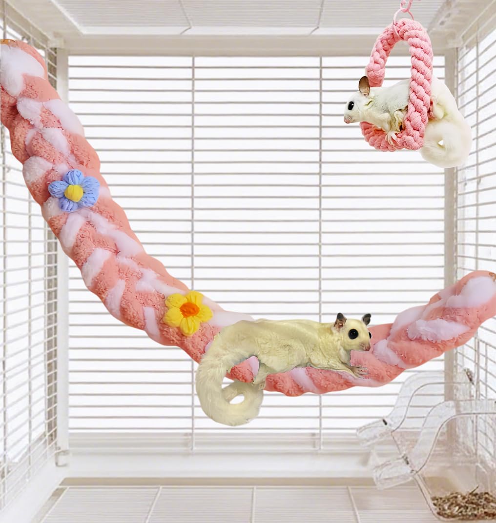 モモンガ & インコ & 小動物 遊び場 おもちゃ 2 点セット フクロモモンガ ケージ ブランコ 吊り玩具 ロープ 爪研ぎ 10 秒取付・水洗可 綿ロープ インコ用パーチ (pink)