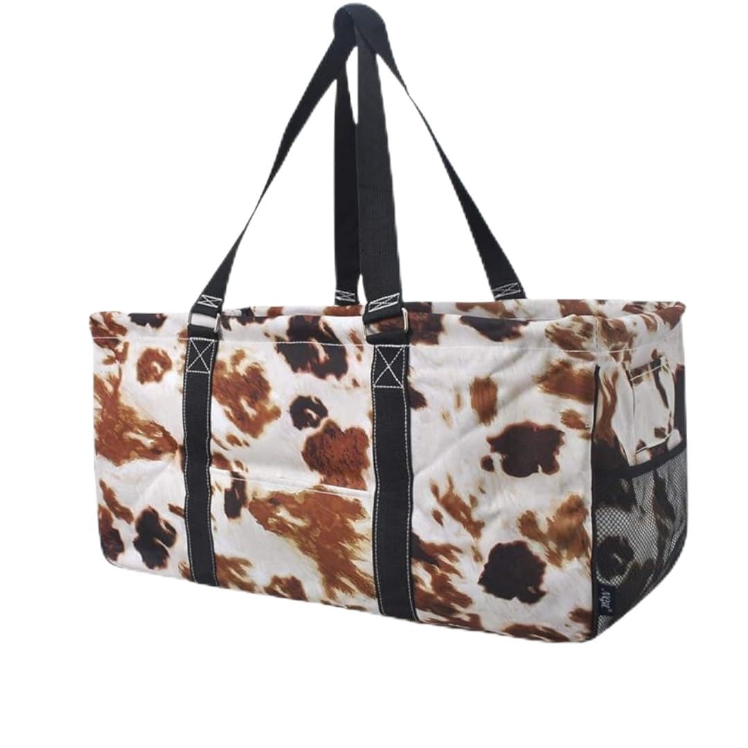 NGIL Extra Large Utility Tote Reusable Grocery Organizing Bag Oversized Collapsible for Storage, Picnic,Car, Beach (Cow Print-black)