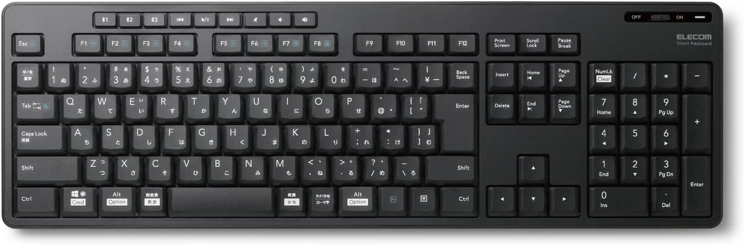 ELECOM Wireless Keyboard, Bluetooth, Silent, TK-FFBM03SKBK, Multi-Pairing with up to 3 Devices, Antibacterial, Compatible with iPad/Macbook/Surface/Chromebook, with Number Pad, Black