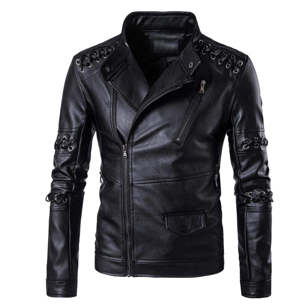 junfeng Men's PU Leather Jacket Punk Harley Locomotive Slim Casual Braided Rope Stand Collar Coat
