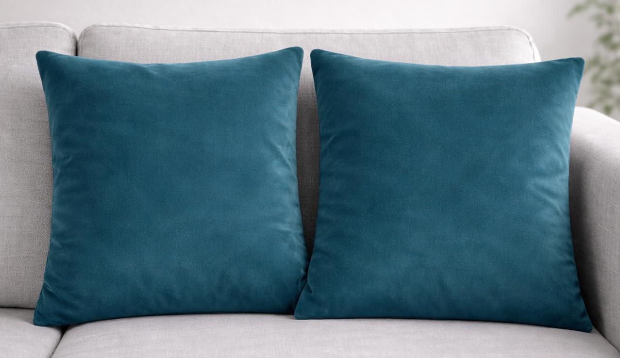 Seechoo Teal Velvet Cushion Covers, Set Of 2, 45Cm X 45Cm, 18X18 Inch, 17 Colours, Extra Soft Plush, Decorative, Invisible Zipper (Teal)