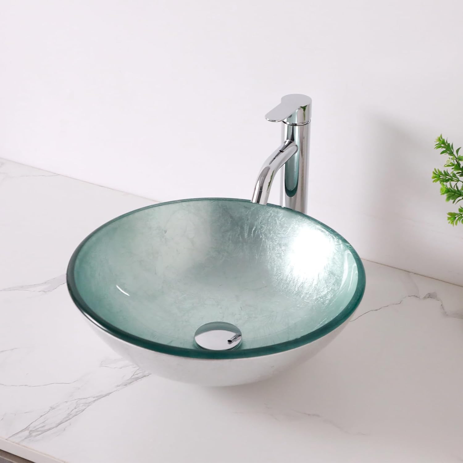 Small Bathroom Sink 16" Silver Glass Vessel Sink With Drain Modern Round Shape Artistic Basin Bathroom Vessel Sinks Above Counter Small 5" Deep Vessel Sink LOF-SL33666