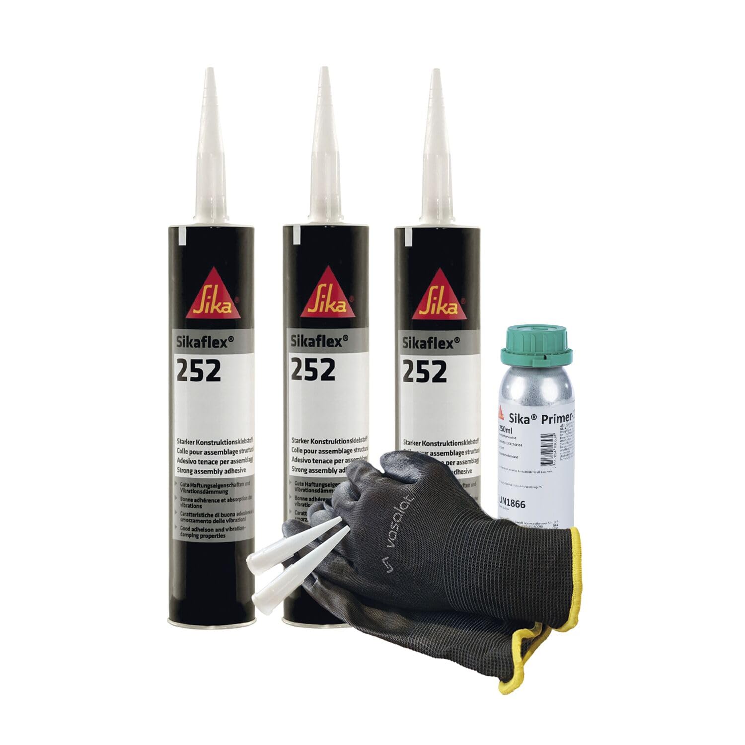Sikaflex 252 weiß 3x 300ml Klebstoff mit Primer 209D - für die Verklebung von Kunststoff mit 5 Düsenspitzen
