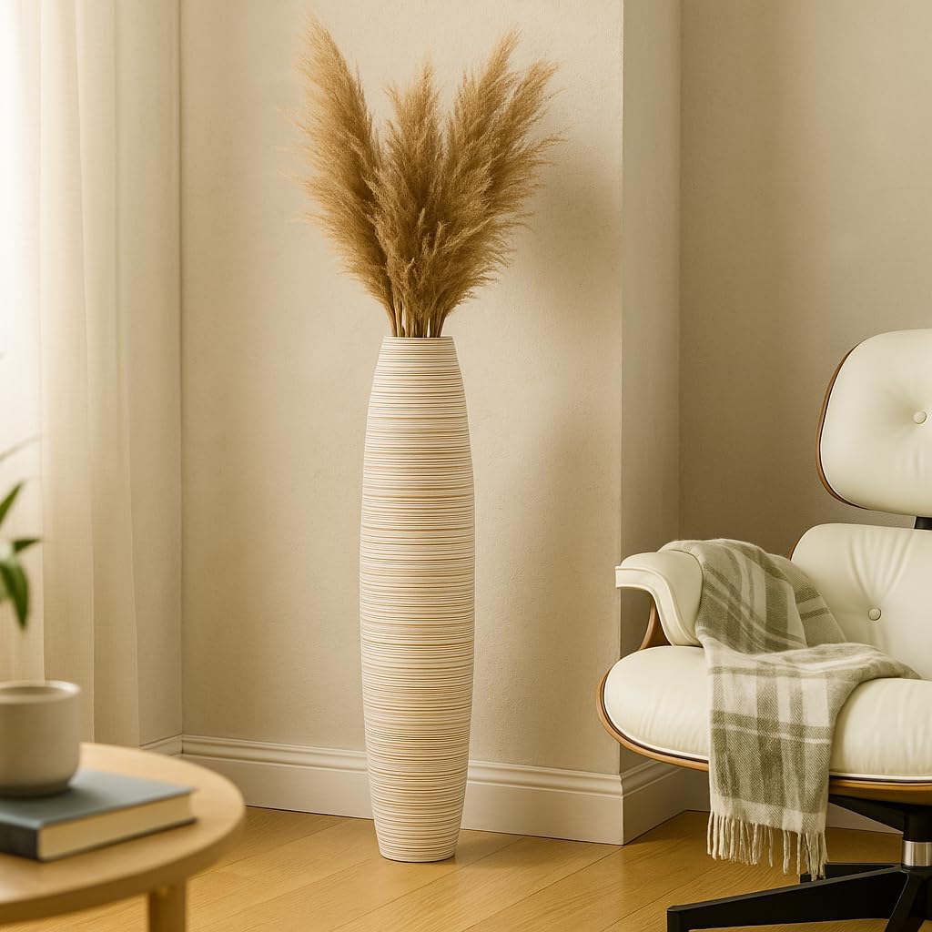 Leewadee Large White Home Decor Floor Vase - Wooden 26 inch Tall Farmhouse Decor Flower Holder for Fake Plant and Pampas Grass