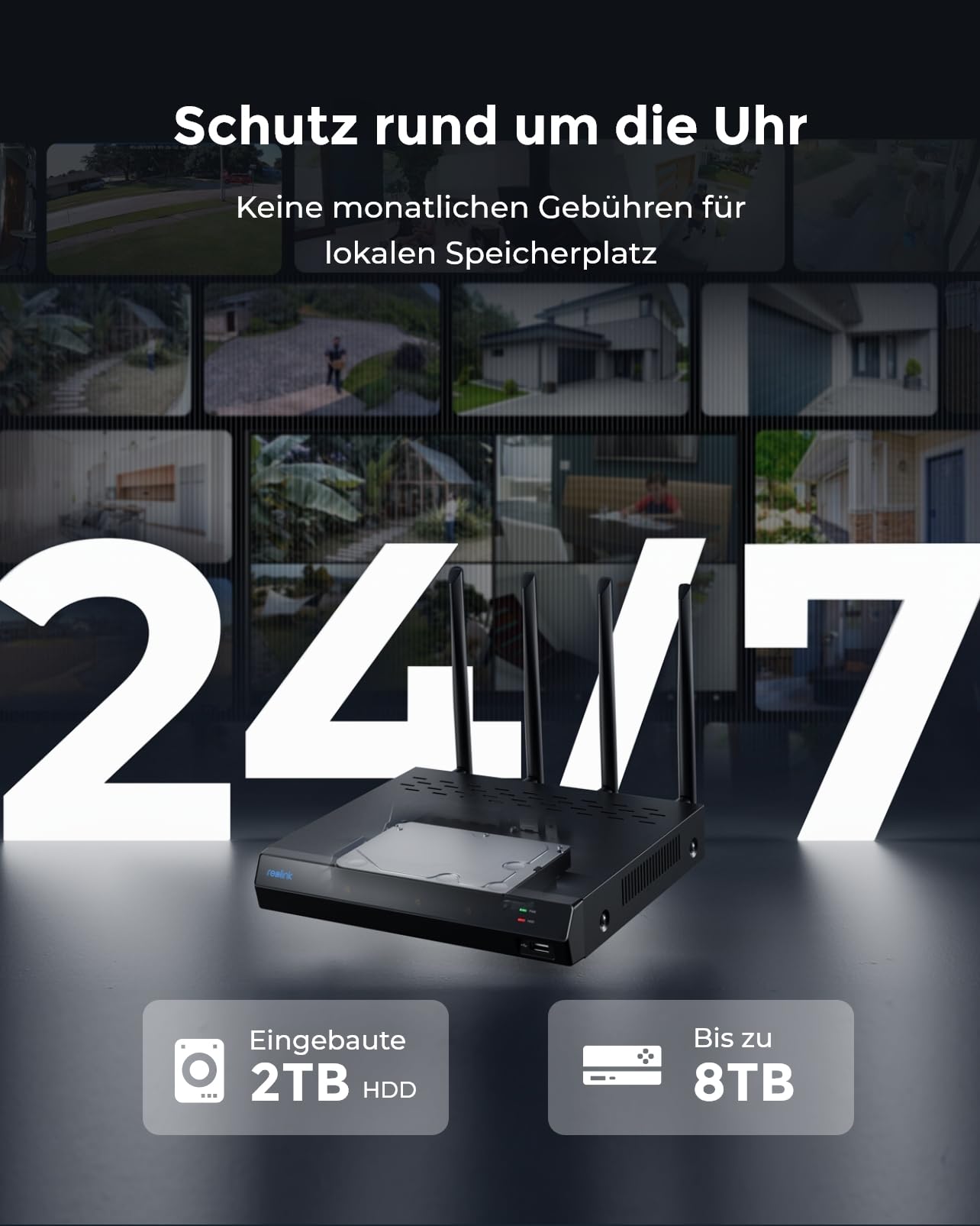 Reolink 4K WLAN Überwachungskamera Set Aussen, 4X 8MP Wi-Fi 6 Kamera Aussen, 12CH WLAN NVR mit 2TB HDD, Vollmetallmaterial, Farbnachtsicht, Person/Fahrzeug/Tiererkennung, 2-Wege-Audio, RLK12-800WB4