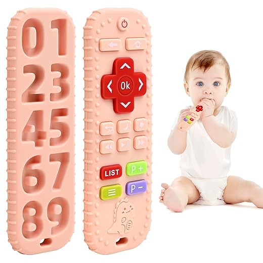Teething Relief Teethers Toys for Babies 3-6 12 Months Gifts, Silicone Remote Control Baby Teether Toys for 3 6 9 Months Newborn Infant Boy Girl Autism, Food Grade Silicone Sensory Toys, Pink