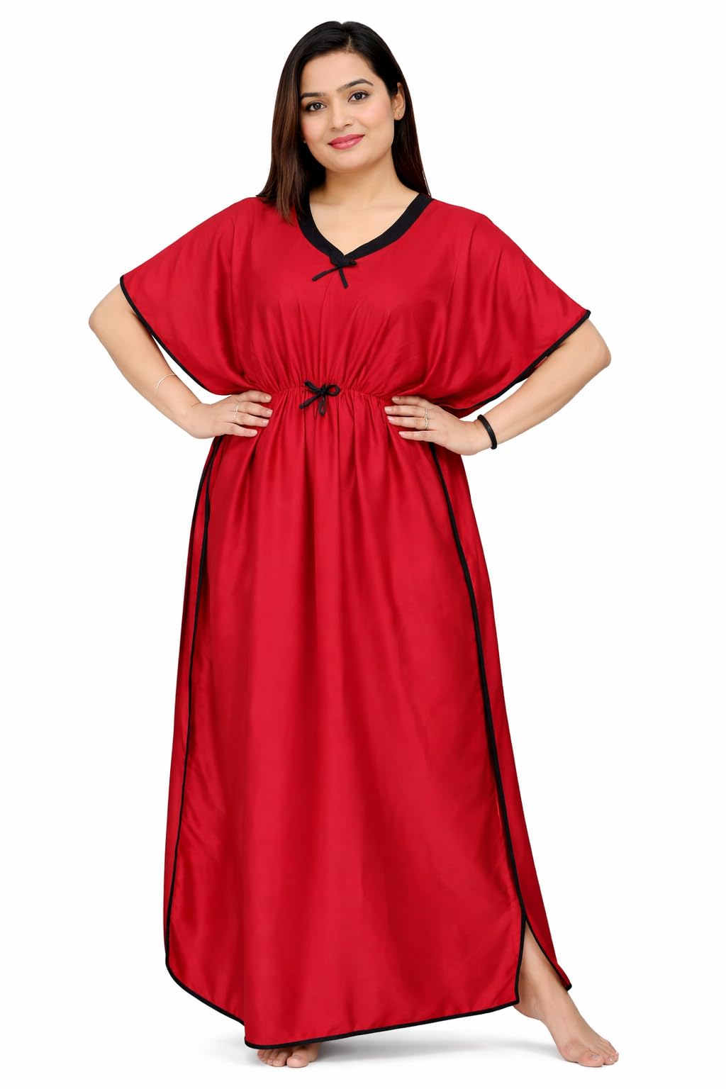 Satin Kaftan nighites/Maxi for Ladies/Women/Nightgown/Maxi/Plain Red-image-27