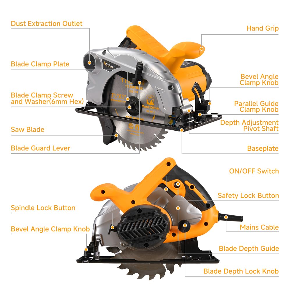 Hoteche Sierra circular manual de 1200 W 185 mm | Motor de cobre de 220-240 V, 50/60 Hz, 4700 rpm, incluye hoja de sierra TCT de 185 x 20 mm, ideal para cortes precisos