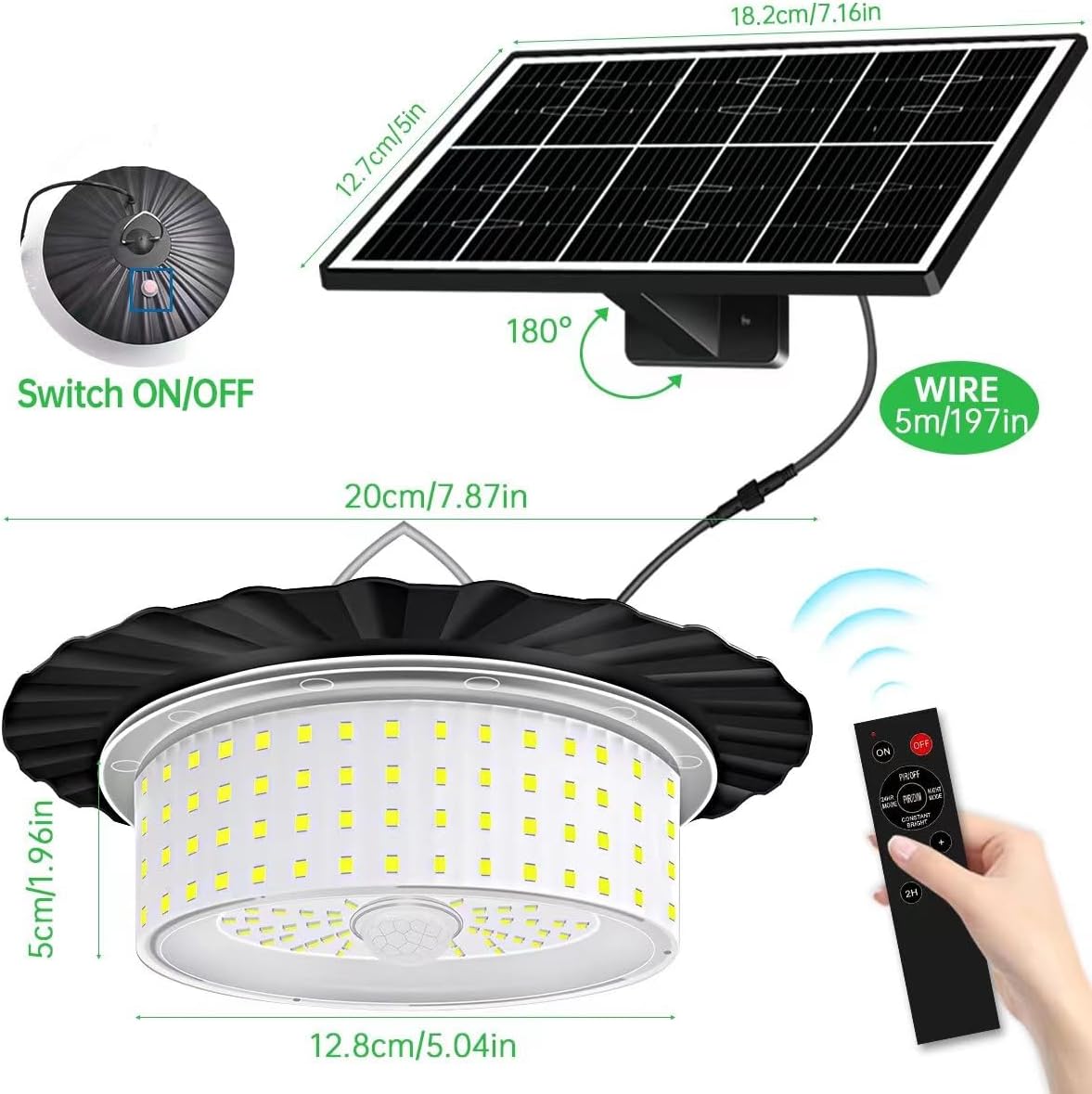 Solar Outdoor Light Pendant Shed Lights, 3000K/4000K/6500K/360°/Dimmable Motion Sensor Lights with Remote Control, 16.4ft Cord for Shed Gazebo Chicken Coop Home Barn Garage (2 Pack)