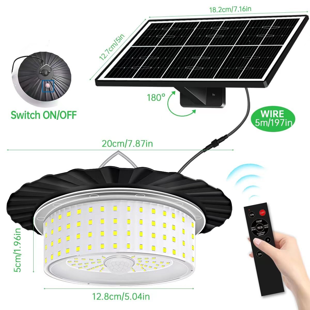 Luces solares colgantes para cobertizo, 3000 K/4000 K/6500 K/360 °/luces regulables con sensor de movimiento con control remoto, cable de 16.4 pies para cobertizo, kiosco, gallinero, hogar
