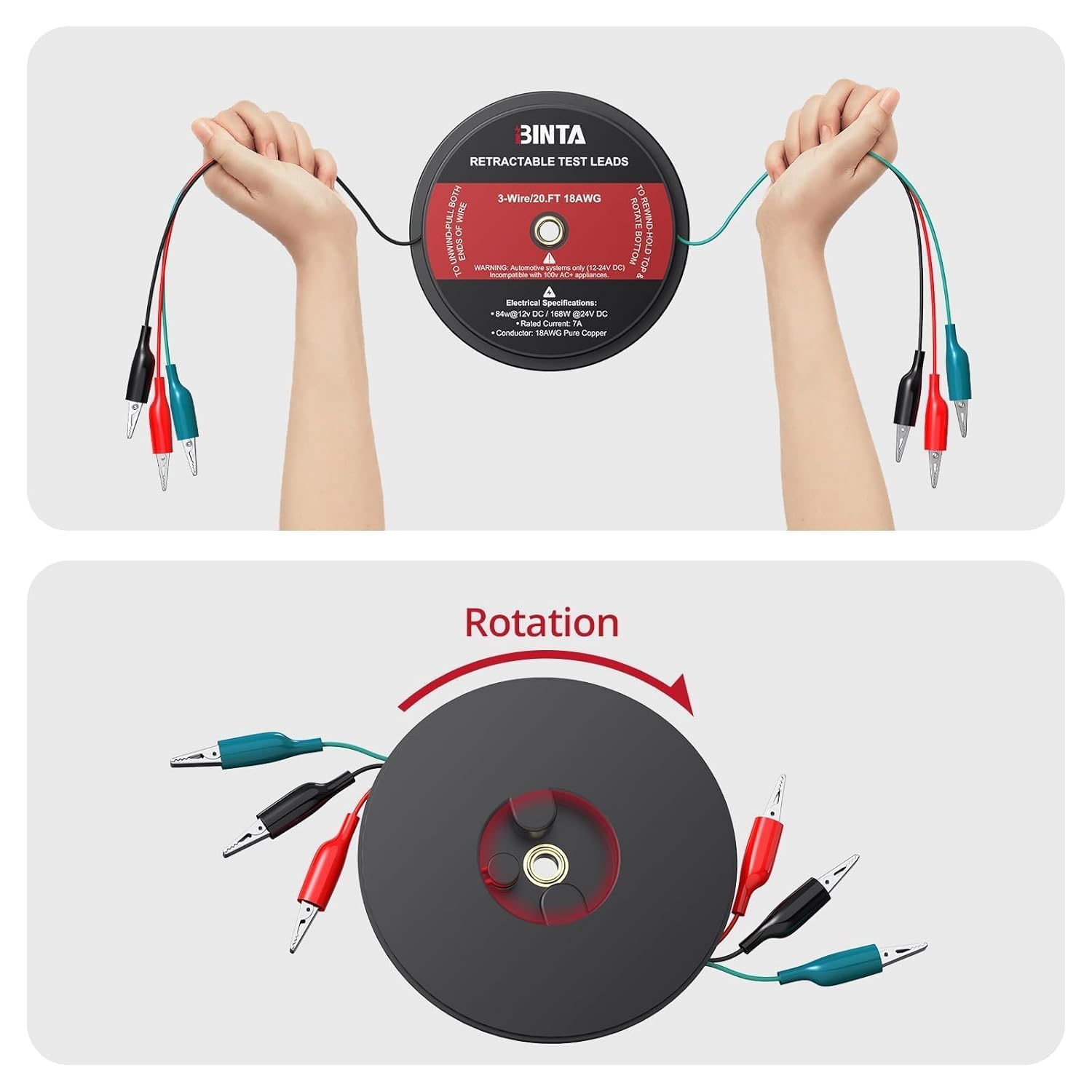BINTA 3 Wire 20 Ft Retractable Test Leads, Red/Black/Blue Alligator Clip Test Leads, 18 AWG Gauge Wire for Electrical Testing, Cars, Trailers