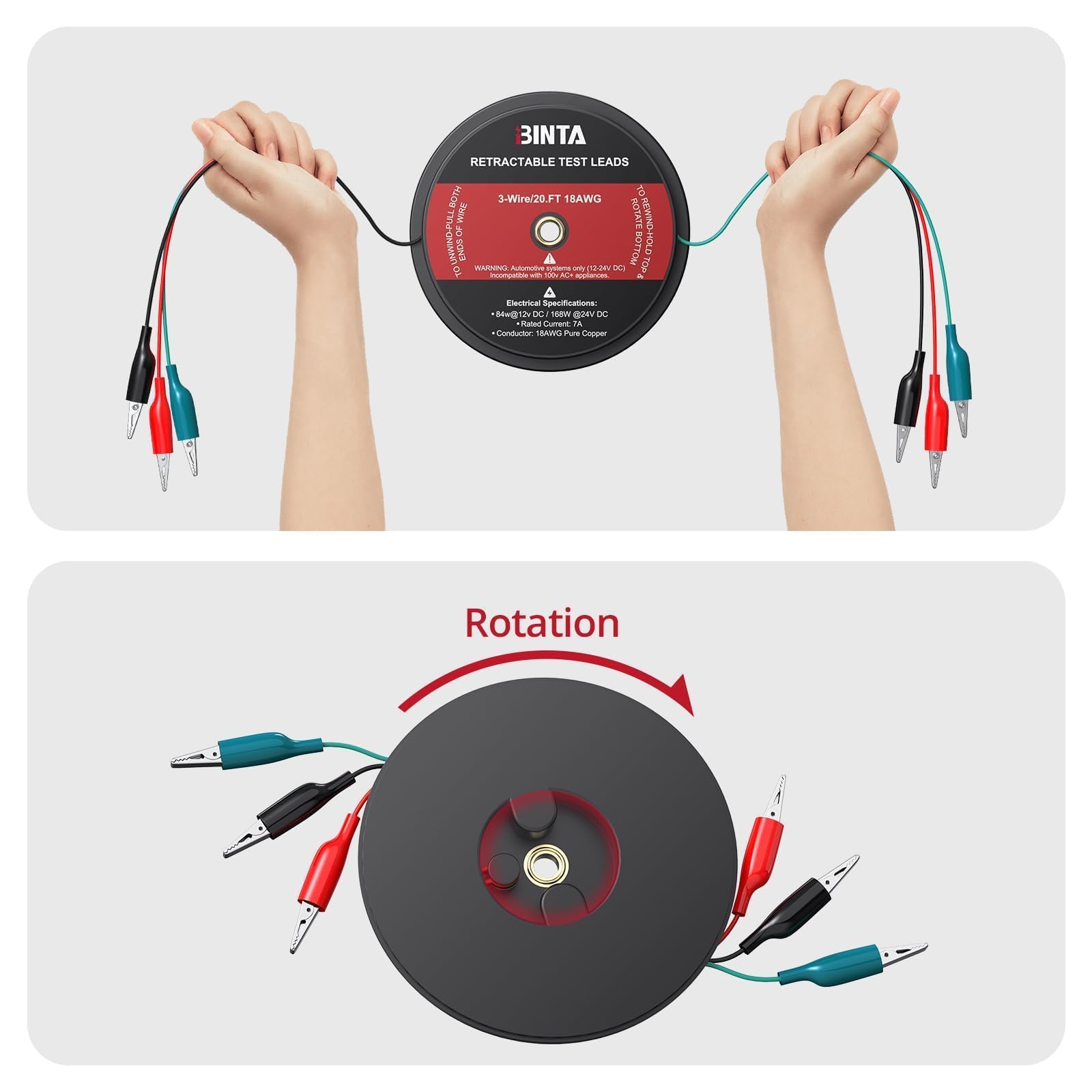 BINTA 3 Wire 20 Ft Retractable Test Leads, Red/Black/Blue Alligator Clips — Amazon image 5