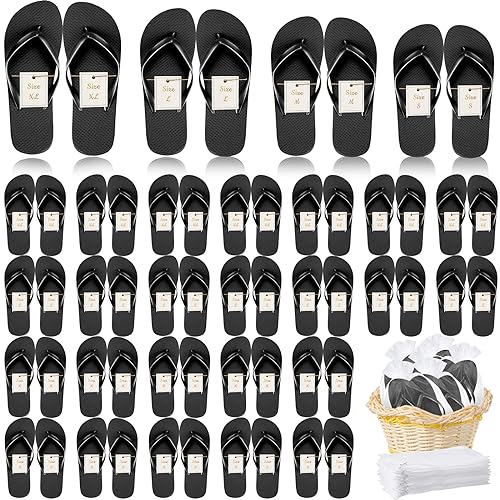 Image of Unittype 48 Pairs Flip Flops Bulk for Wedding Guests Hotel Slippers with Size Cards and Bags for Wedding Beach Pool