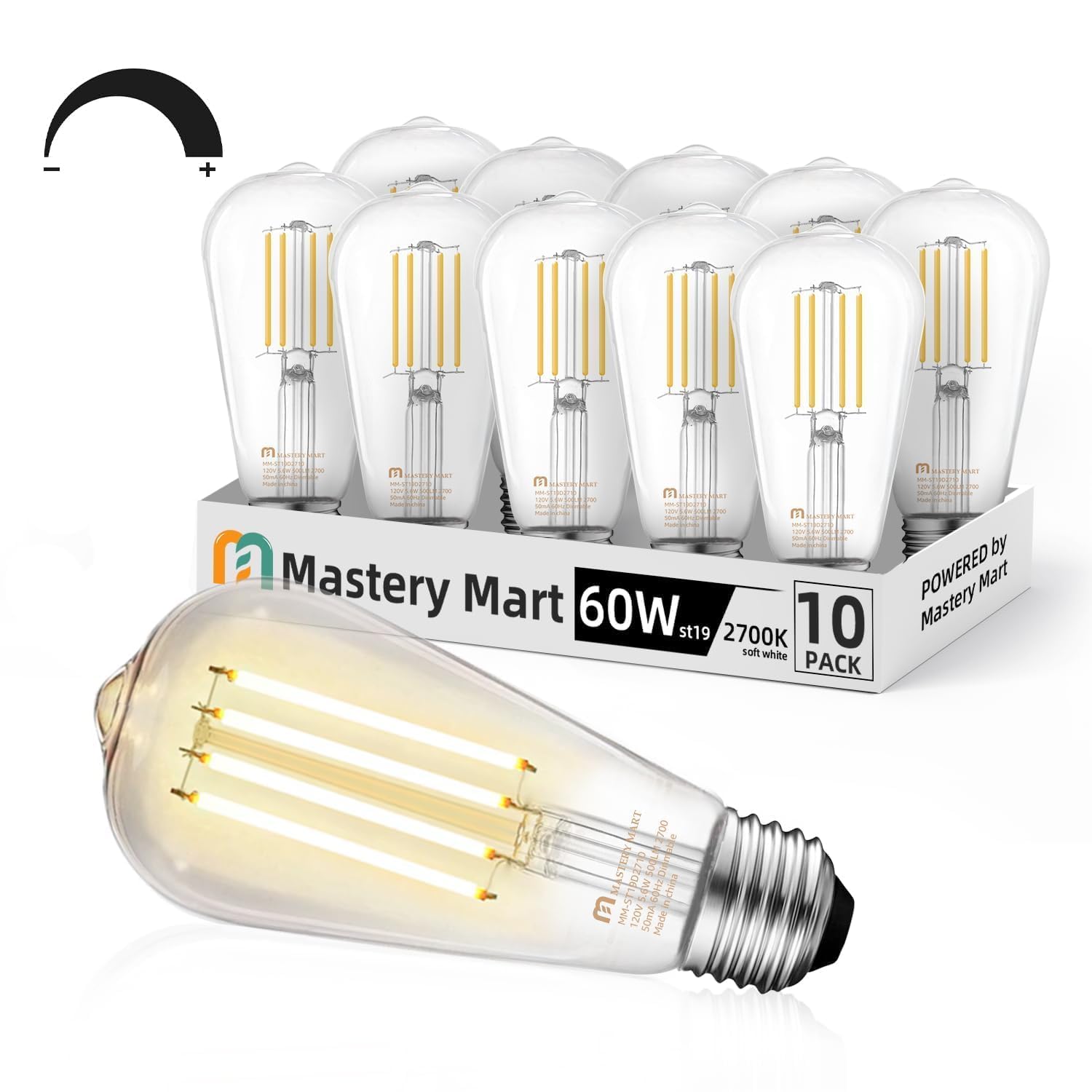 MASTERY MART 10 Pack Vintage Edison Bulbs, E26 Led Bulb 5.5W Equivalent to 60W, Dimmable, 2700K Soft White, High Brightness Antique ST19, Clear Glass