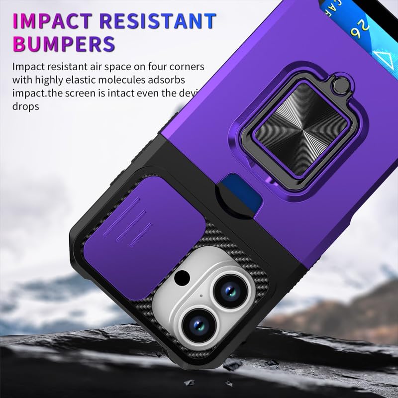 Image of LuxuryKase Shockproof Armor Case for iPhone 17 | Slide Camera Cover | Hidden Card Slot | Rotating Ring Kickstand | Magnetic Car Mount Support | Military Grade Protection - Purple