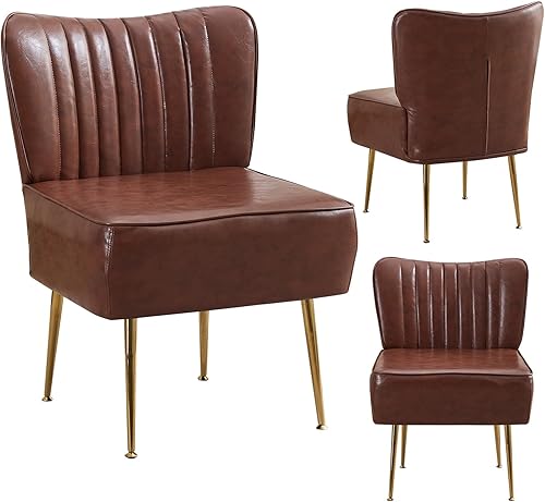 Miniatura 21 de Moderno juego de 3 sillas decorativas de piel sintética, tapizadas, con respaldo de alas sin brazos con patas doradas, cómodo sofá individual, Rojo