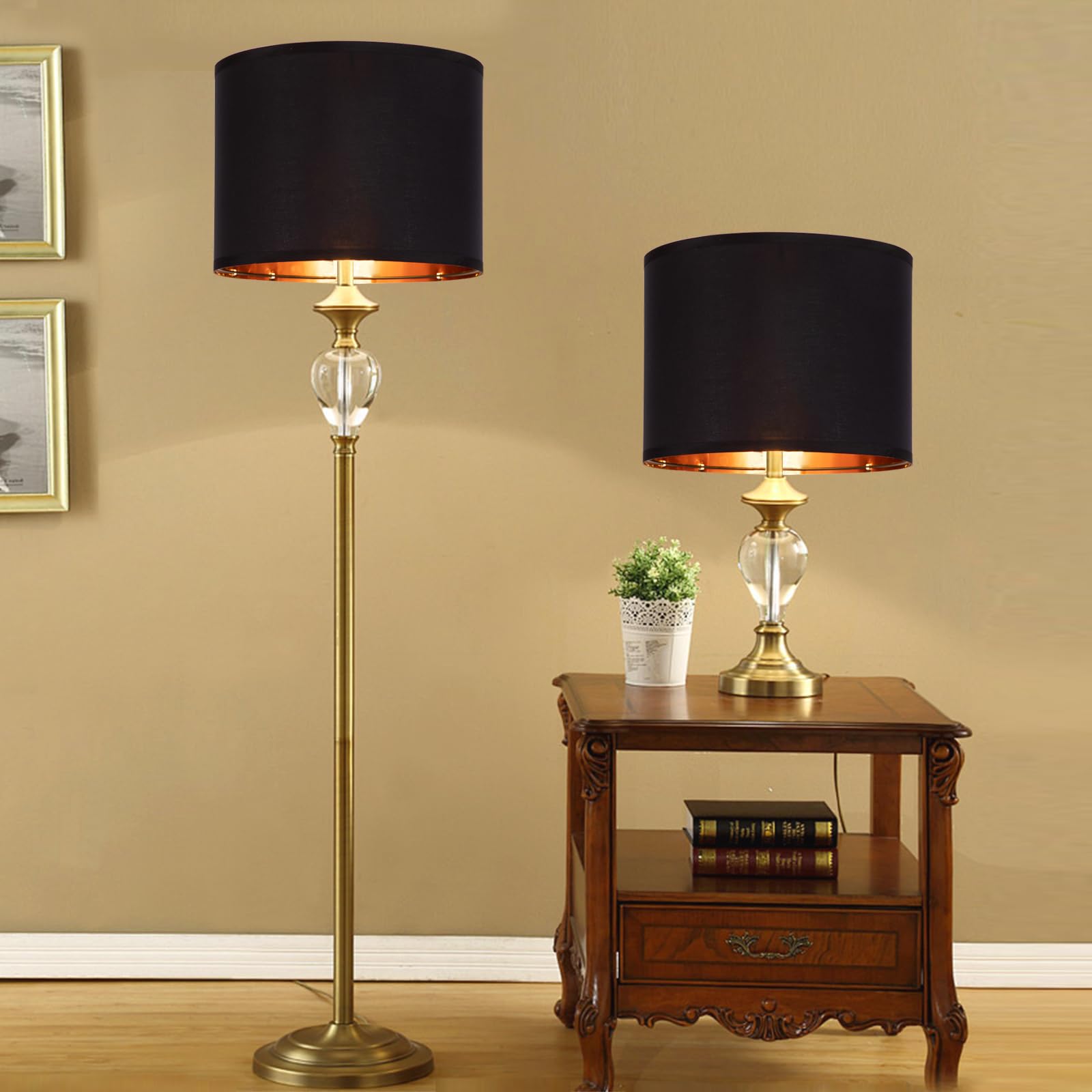 JNIBOAO Black Lamp Shades Drum Set Of 2 Medium Gold 12-Inch Replacement Lamp Shades For Table Lamps,Floor Lamps,Diy Pendant Lights, Wall Lights,Harp Holder Included,Requires Assembly. (Black)