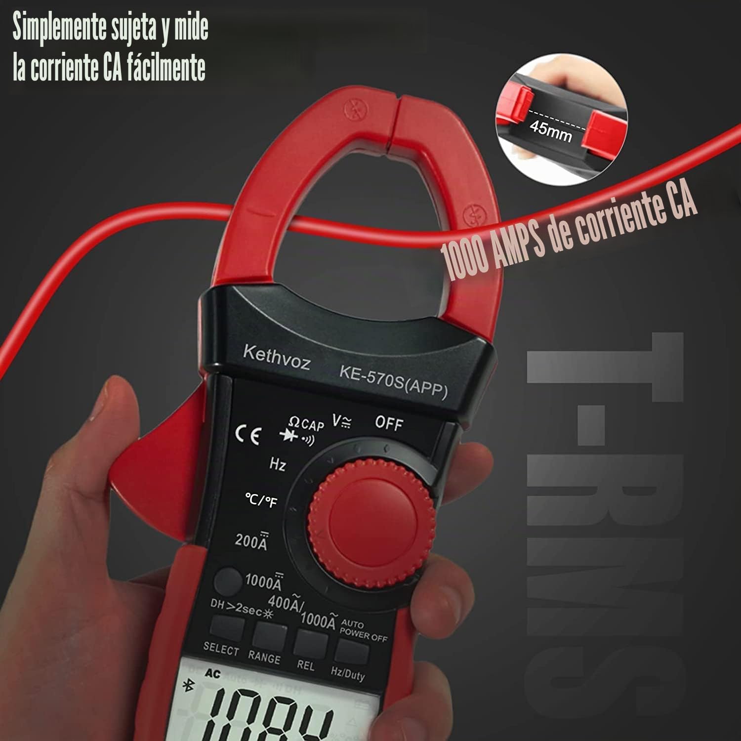 Pinza Amperimétrica Bluetooth Multímetro, Kethvoz 1000A Amperímetro de Gancho Digital con Registro Datos Mide CA/CC Corriente Tensión Resistencia Capacitancia, Medidor Eléctrico Multimétrica 570SAPP