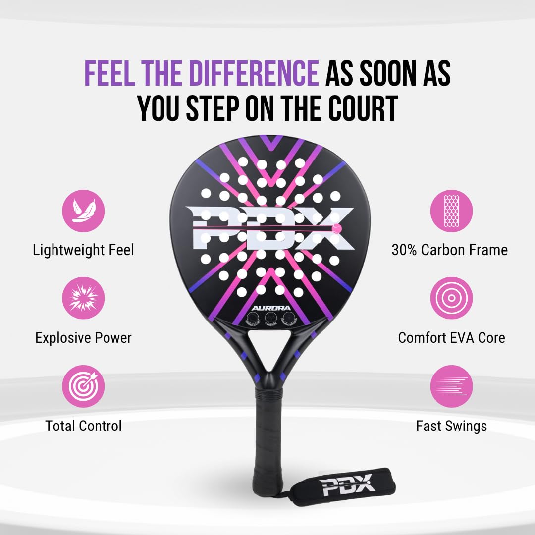 PDX Raquette de padel pour homme et femme | Légère, durable et en fibre de carbone pour adultes | Conçue pour la puissance, le contrôle et le confort | Idéale pour les jeux d'intérieur et d'extérieur