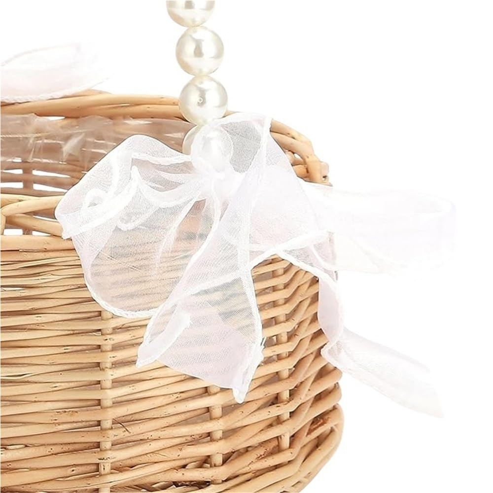 1 Stück brauner Weiden-Rattan-Blumenkorb, handgewebter Hochzeits-Weidenkorb mit Perlengriff und Schleife