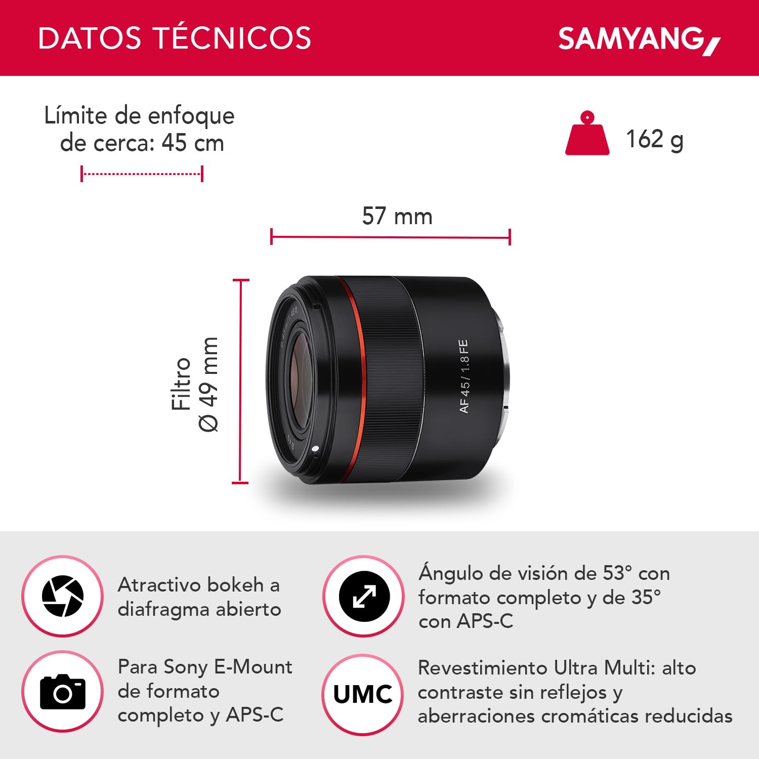 Samyang AF 45 MM F1.8 FE SONY E - Objetivo de formato completo para cámaras Sony Alpha sin espejo (montura FE y E, formato completo, sensor APS-C, rosca de 49 mm)