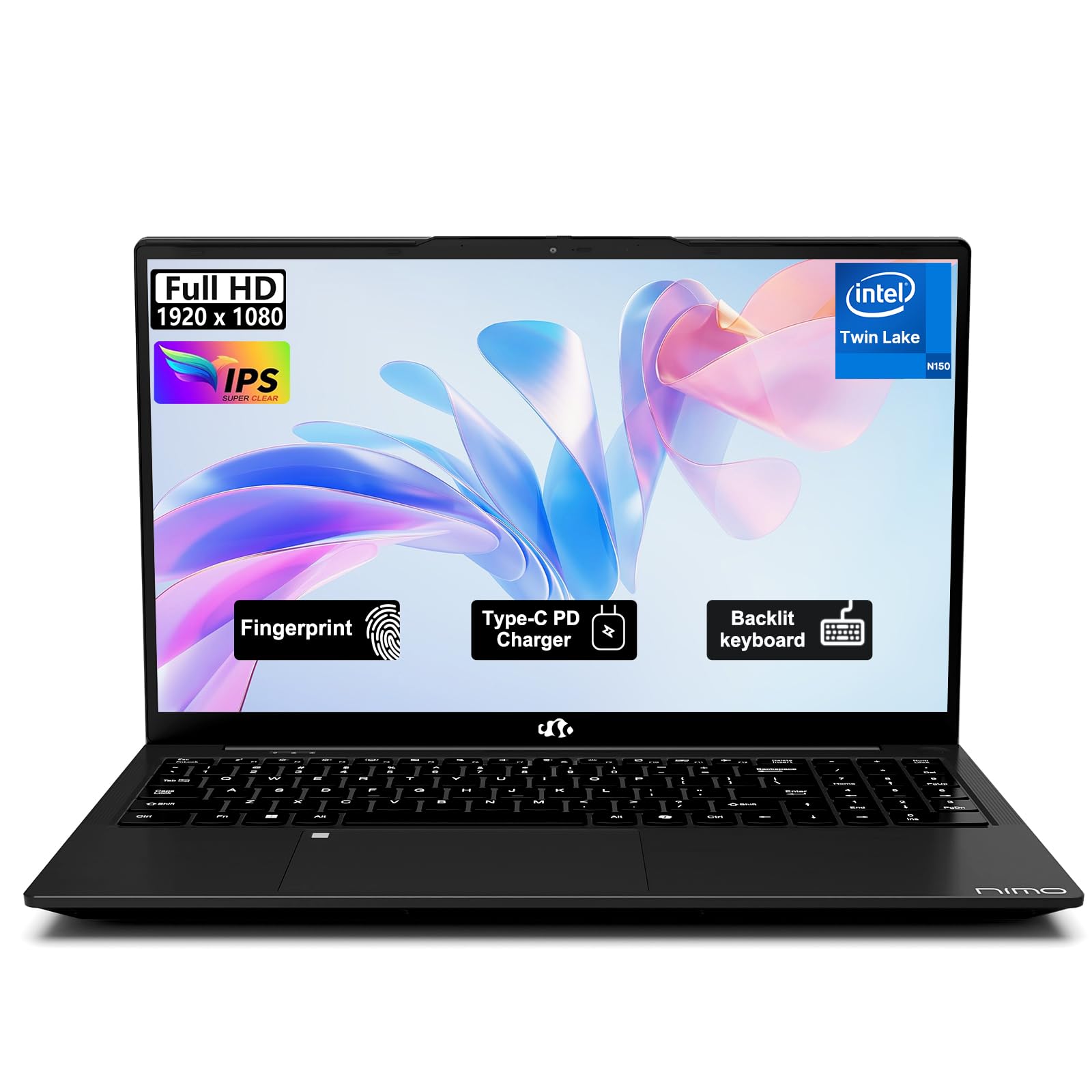 NIMO-15.6" Student-Laptop, 13th Gen Intel N150,16GB RAM 256GB SSD(Beat to i3-1115G4, Up to 3.6GHz), Backlit Keyboard Fingerprint FHD Computer Wi-Fi 6 BT5.2 65W Type-C