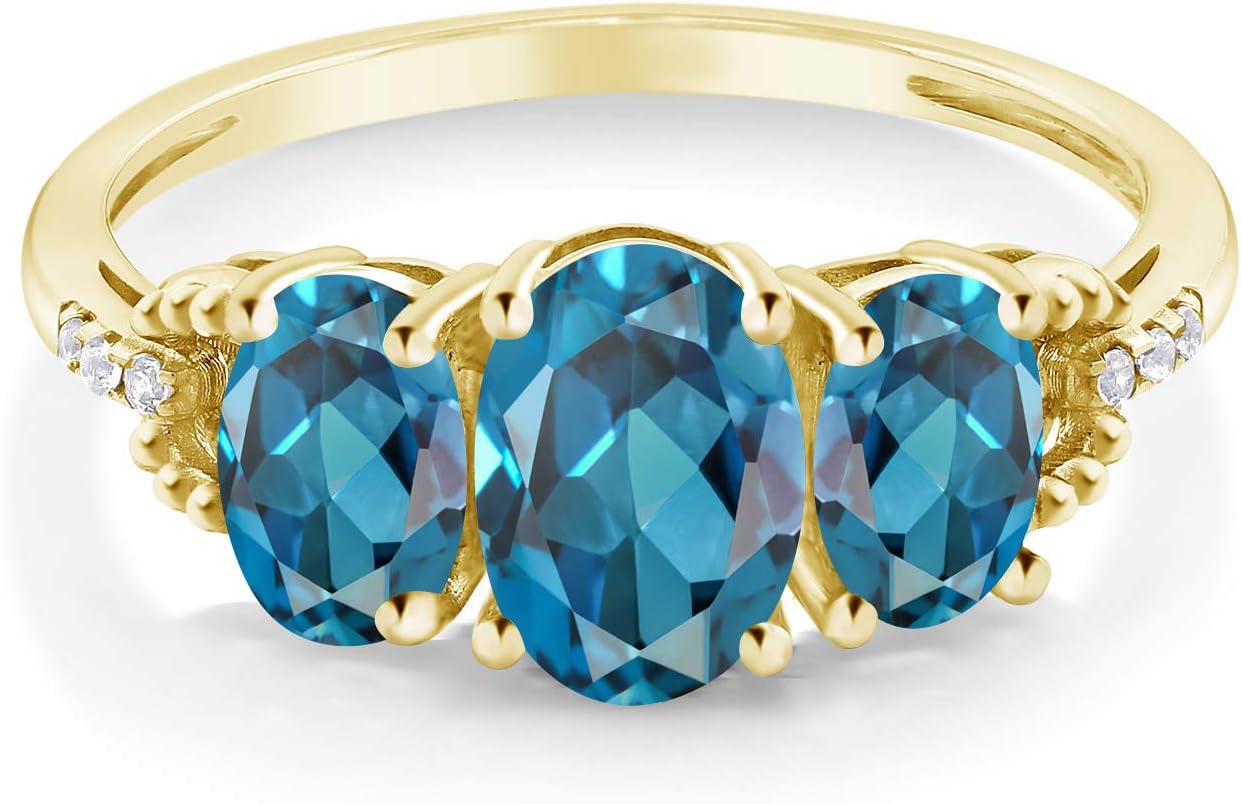 Gem Stone King 2.22 Cttw London Blue Topaz and Diamond Accent 3-Stone Engagement Ring for Women | 10K Yellow Gold | 3 Stone Wedding Anniversary Promise Ring For Women - Image 3